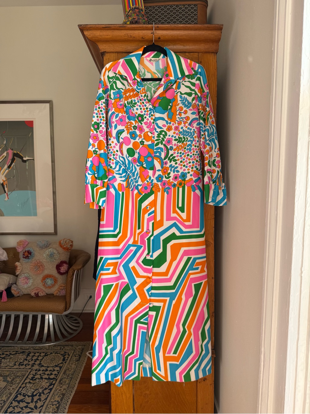 Vintage Lanvin Floral & Geometric Print Shirt Dress Or Coat Or Robe